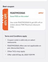 Swiggy Feastmode on 65% upto 130 on food delivery 