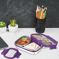 CELLO Click It Toons Big Disney Princess Lunch Box, 1024ml, Purple | 100% Food Grade | Leak Proof and Break Resistant | 2 Containers Lunch Box