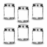 [Sample 199] Croco Silver Steel Transparent Clear L Lid Square Cube Glass Jars (Steel Set of 6, 600 ml)