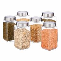 Vency Glass Square Shape Transparent Glass Jars & Containers For Kitchen PantrySet Of 6)(1000Ml Steel Cap),Blue