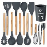 Fruitalite Silicone Kitchen Utensils Spoon Spatula Cooking Set of 12 Pcs | Non-Stick with Wooden Handle