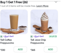 Starbucks - Buy 1 get 1 free (Swiggy and zomato)