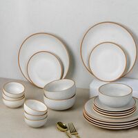 The Earth Store Handcrafted White Matte Brown Ceramic Dinner Set, 21 Pieces Serving for 6, Microwave and Dishwasher Safe, Bone-Ash Free, Dinner Crockery Set for Dining and Gifting