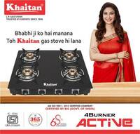 Khaitan 4 Burner Active Forged Black Toughened Glass Manual Gas Stove  (4 Burners)