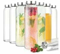 8 pc Brezzycloud Glass Fridge Water Bottle With Steel Cap | Leak Proof & Break-Proof - Detox Water Bottle Glass | Wide Mouth & Easy To Clean | Best Usage For Office/School/College | Set Of 8, 800Ml | Clear 
 