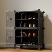 BOXJOY 4 Shelf Shoe Rack with Door Magnets and 5 Hook Steel Holder for Home Storage Box Organizer, Hard PET Plastic with Metal Door Frame, Shoe Chappal Slipper Sandals Stand(Black, Transparent Door)