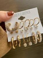 Combo 9 Pair Stunning White Gold Plated Pearl Alloy Hoop Earring