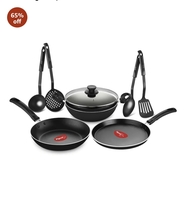 Pigeon by Stovekraft Pigeon Mio Nonstick Aluminium Cookware Gift Set, Includes Nonstick Flat Tawa, Nonstick Fry Pan, Kitchen Tool Set, Nonstick Kadai with Glass Lid, 8 Pieces Kitchen Set (Black)