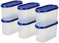 Amazon Brand - Solimo Modular Plastic Storage Container With Airtight Lid | BPA-Free Plastic | Microwave Safe | Dishwasher Safe | 1.2 Litres | Set of 6 (Blue)