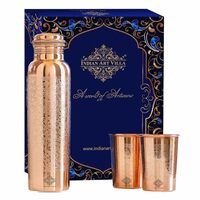 INDIAN ART VILLA Pure Copper Drinkware Gift Set – Embossed Design with 1 Bottle (900 ML) & 2 Glasses (300 ML)