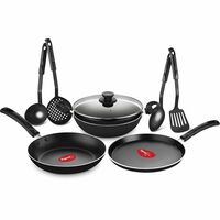 Pigeon by Stovekraft Pigeon Mio Nonstick Aluminium Cookware Gift Set, Includes Nonstick Flat Tawa, Nonstick Fry Pan, Kitchen Tool Set, Nonstick Kadai with Glass Lid, 8 Pieces Kitchen Set (Black)