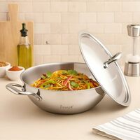 Parage Tripure Triply Stainless Steel Kadai with Lid 24cm, 2.6 LTR | Heavy Bottom Steel SAS Triply Kadhai for Deep Frying Cooking