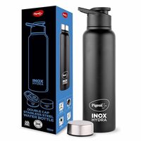 Pigeon Plastic, Stainless Steel Inox Hydra Duo, Dual Cap, Flipper And Fridge In One Bottle, Easy To Use, Multipurpose All In One Bottle 900Ml, Black