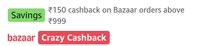 Amazon Bazaar Get flat 150 cashback on orders above 999