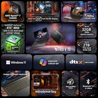 Acer NITRO V 15, AMD Ryzen 7-7445HS octa-core processor, NVIDIA GeForce RTX 4050- 6 GB GDDR6(16GB DDR5, 512GB)IPS FHD, 15.6"/ 39.62cm, 165Hz, Win 11 Home, Obsidian black, 2.1KG, ANV15-42 Gaming Laptop