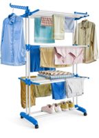 ABOUT SPACE 5.5 ft Clothes Drying Stand - 3 Layer Foldable Cloth Dryer Stand, Portable with Castor Wheels, 24 Hanger Rods & 2 Wings - Anti Rust Steel Double Pole (Blue - L 75 x B 50 x H 168 cm)