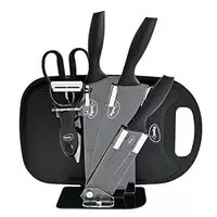 Pigeon by Stovekraft Edge Multipurpose Combo | High Grade Stainless Steel | 3 Pcs Kitchen Knife, 1 Chopping Board, 1 Peeler, 1 Scissor and 1 Stand |Black