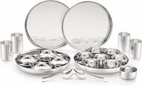 Attro Stainless Steel Bhojan Set of 4 Thali, 4 Plate, 8 Bowl, 4 Glass, 4 Spoon (Thali Diameter 29 cm) - Set of 24, Silver, Standard