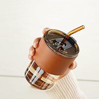 SKDBPM Reusable Glass Coffee Sipper Mugs with Lid & Straw Pack of 1, 400ml Multipurpose Drinking Glasses Tumbler with Leather Sleeve Cup for Juice Smoothies Iced Tea Home & Travel
