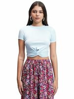 (Size-L) Tokyo Talkies Women's Round Neck Short Sleeves Front Twisted Crop Top | Trendy & Chic | Perfect for Casual & Summer Outings | Tops for Woman | Women Tops | Stylish Top