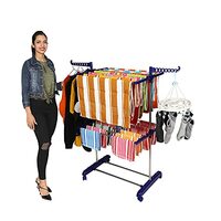 Paffy Premium Clothes Stand for Drying with Wheels | Portable | 2 Layer Rack for Balcony | Foldable Wings | 14 Hanger Rods | Anti Rust Steel Metal (Blue | Compact Jumbo)