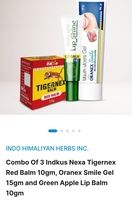 Combo Of 3 Indkus Nexa Tigernex Red Balm 10gm, Oranex Smile Gel 15gm and Green Apple Lip Balm 10gm