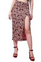 POPWINGS Casual Abstract Print Twist Knot Long Pencil Slit Skirt for Women