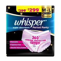 Whisper Super Absorbent Period Panty, 6 M-L Pants, 360 Degree Leakage Protection for Heavy Flow, Panty like Fit for Full back Coverage, Absorbs Heavy Gushes, Silky Soft, Comfortable Feel, Women