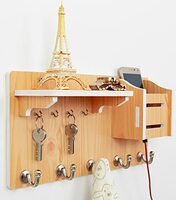 wolpin Wall Shelves Floating Display Rack Storage Organiser Key Holder Wood Look Racks (Pack of 1 with 4 Keys Hooks, 5 Cloth Hooks), Oak Wood Color