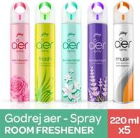 Godrej Petal crush pink, Musk after smoke, Violet velly bloom, Morning misty meadow, Fresh lush green Spray Aer Spray 5 Bottle (5 x 220 ml)