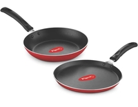 Pigeon Aluminium Nonstick Duo Pack Flat Tawa 250 and Fry Pan 200 Gift Set (Red) 