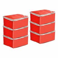 PrettyKrafts Saree Cover Big Size/Wardrobe Organiser/Clothes Storage Bag | Storage Organizer Bag | Zip Closure and Transparent Front | Clothes Storage Bag | Set of 6, Red | Size: 40 x 35 x 20 cm