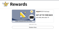 Do a DTH Recharge using Amazon ICICI CC to get upto ₹200 Cashback (25% Offer) on minimum Recharge of ₹1 - Account Specific