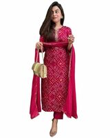 GoSriKi Women's Rayon Viscose Straight Bandhej Printed Kurta with Pant & Dupatta