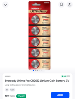 Eveready Ultima Pro CR2032 Lithium Coin Battery, 3V on Instamart:
Available Gurgaon check yours 