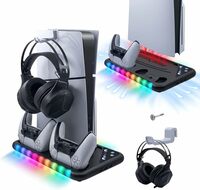 New World Cooling Stand with Controller Charging Station for PS5/PS5 Slim Console, 3-Level Cooling Fan, RGB Light, Headset Holder , PS5 /PS5 Slim Disc /Digital Cooling Charging Stand