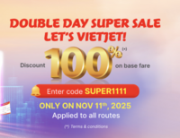 Vietjet Double day 11/11 super sale - 100% discount on base fare