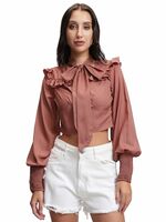 Tokyo Talkies Women's Elegant High-Neck | Puffed Sleeves | Smocked & Ruffled Blouson Top | Tops for Woman | Women Tops | Stylish Top