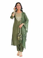 Naixa Women's Chanderi Embroidered Straight Kurta with Pant and Dupatta Sets (SRS-103)