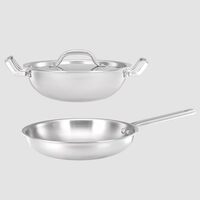 amazon basics Triply Stainless Steel 3 Pc Cookware Set | 24 cm Kadai with Lid & 22 cm Frypan Without Lid| Fast & Even Heating | Induction & Gas Compatible | Silver | 2.4 kg
