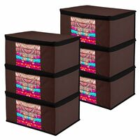 Kuber Industries Saree Cover | Non-woven Zip Closure Saree Cover | Plain-Black Border Wardrobe Organiser for Suit | Transparent Window Saree Cover | 9 inch | Pack of 6 | Brown