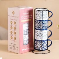 Nestasia Stackable Ceramic Cups Set of 4 (240 ml Each) | Microwave & Dishwasher Safe Tea & Coffee Cups with Glossy Finish | Ideal for Gifting (Floral Blue)