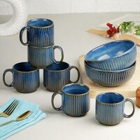 The Earth Store Glam Blue Ceramic Snack Bowl & Tea Cup Combo | Set of 2 Bowls 500ML & 6 Tea Cups 160ML