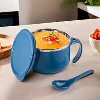 Kuber Industries 600ml Airtight-Lid Stainless Steel Soup Bowl with Spoon & Holder | Leakproof Food Container for Noodles Pasta & Milk | Maggie Bowl & Souptok for Eating | Navy Blue