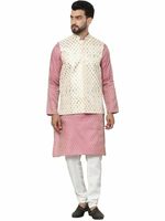 SOJANYA Men's Silk Blend Self Design Kurta and Cream Pyjama with Embroidered Nehru Jacket