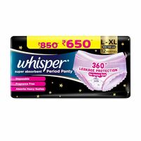 Whisper Super Absorbent Period Panty, 12 L-XL Pants, 360 Degree Leakage Protection for Heavy Flow, Panty like Fit for Full back Coverage, Absorbs Heavy Gushes, Silky Soft, Comfortable Feel