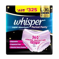 Whisper Super Absorbent Period Panty, 6 L-XL Pants, 360 Degree Leakage Protection for Heavy Flow, Panty like Fit for Full back Coverage, Absorbs Heavy Gushes, Silky Soft, Comfortable Feel-Women
