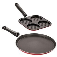 NIRLON Kitchen Accessories for Cooking Non Stick Aluminium cookware Set of Casting Uttapam-4 Cavity & Flat Tawa-26cm (Color-Red)