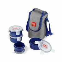 CELLO MF Click Lunch Box with Insulated Jacket, Blue | 3 x 300ml Containers, 1 x 180 ml Pickel Container, Spoon & Fork