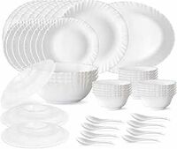 Larah by Borosil Plain White Silk Series Opalware Dinner Set | 47 Pieces for Family of 8 White